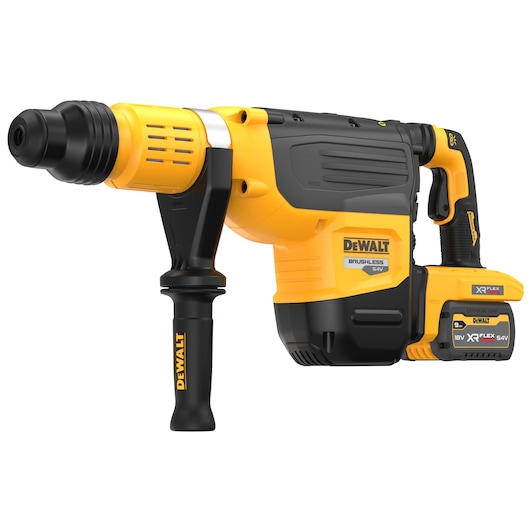 Profile of 60 volt 2 inch brushless cordless SDS combination rotary hammer kit.