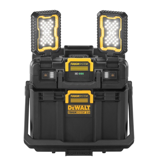 TOUGHSYSTEM 2.0 Cordless Adjustable Work Light and Storage front view with headlights up and on