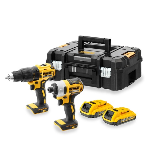 Kit including DCD778 Combi Drill, DCF787 Impact Driver, DCB1102 charger 2x 2.0Ah batteries and TSTAK Kitbox